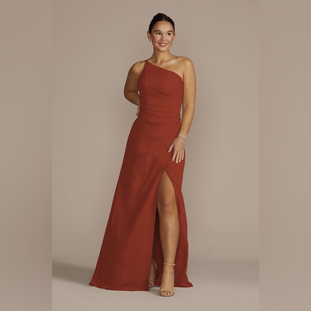 David’s Bridal one-shoulder crinkle chiffon bridesmaid dress Size 10